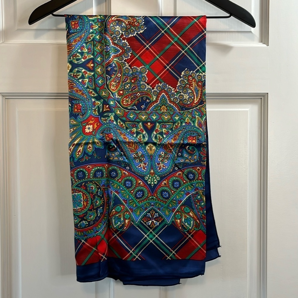 Vintage 90s Satin Silk Blend w/ Paisley & Plaid Print Bandana Scarf
